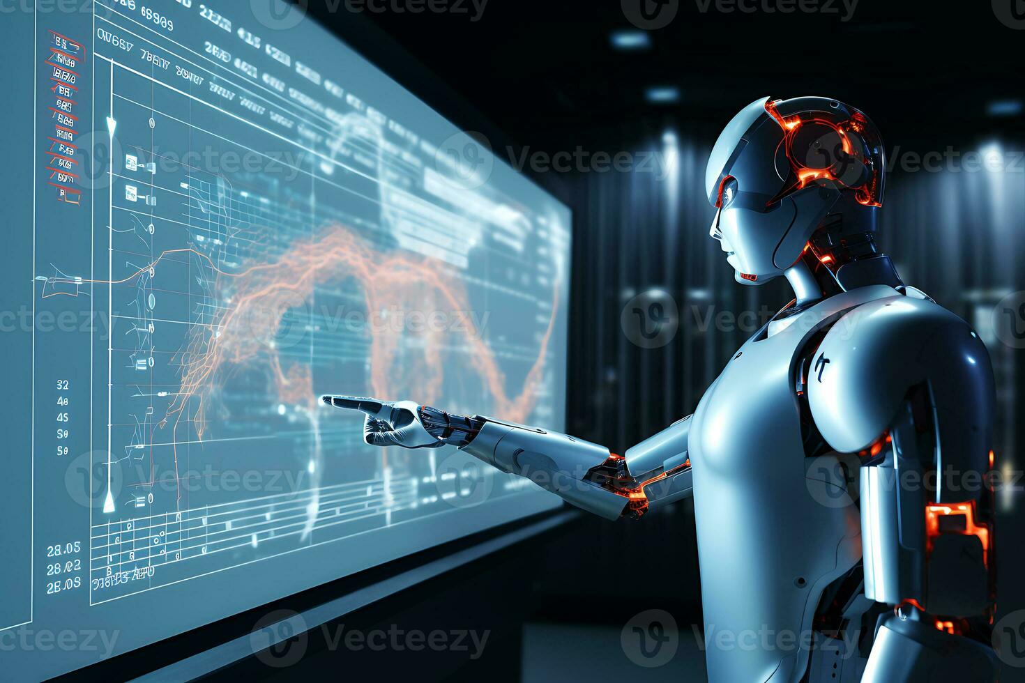 A humanoid robot looks at the monitor, examines and compares data. AI Generative photo