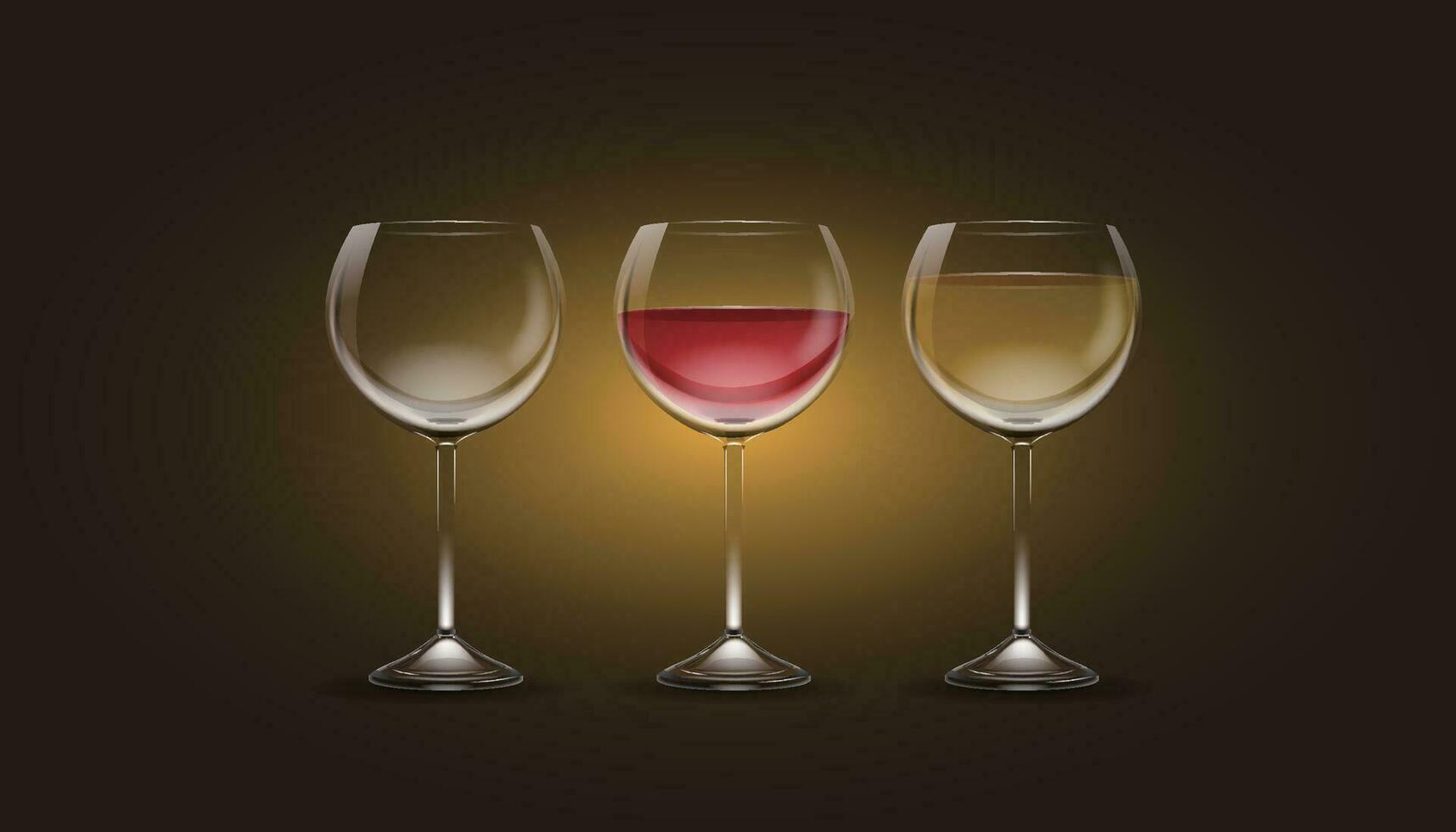 Set of vector transparent red wine glasses with drinks
