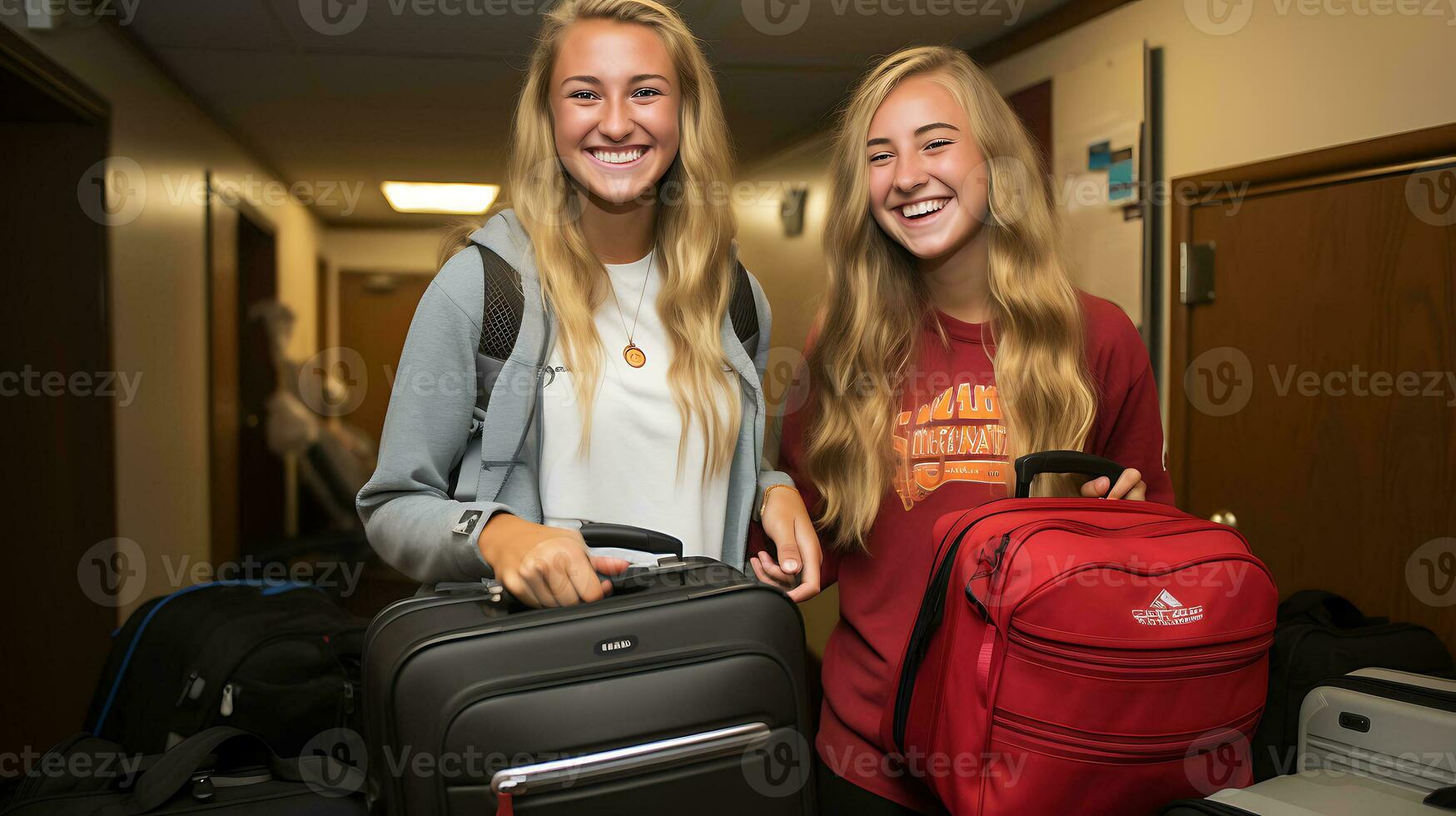 Two student girls with suitcases and backpacks are settled in a student hostel. Beginning of the school year. Girls smiling and looking at the camera. AI Generative photo