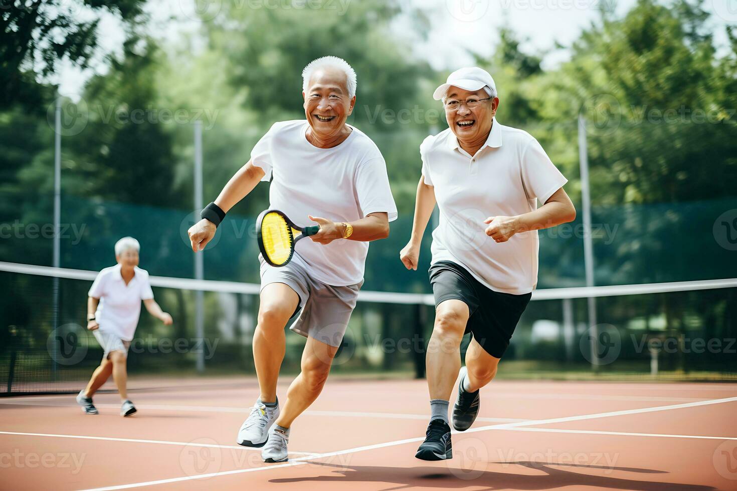 AI Generative. Elderly male friends having an active time on the outdoor tennis court. Horizontal photo