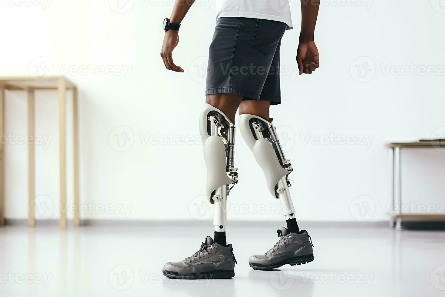 A disabled African American man with prostheses instead of legs poses against a white wall. AI Generative photo