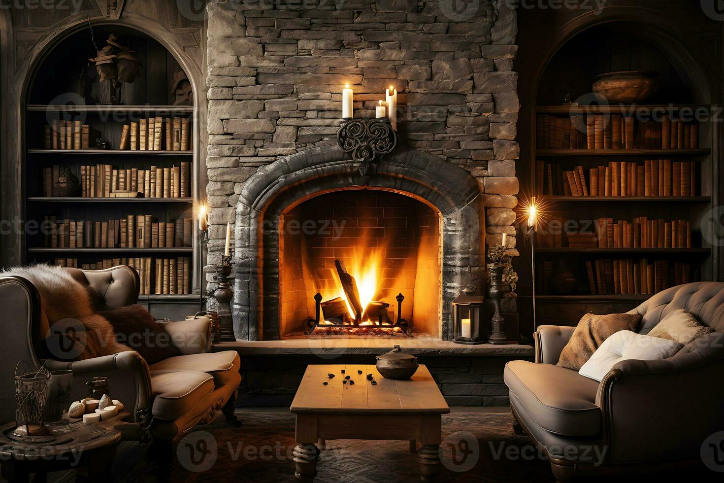 AI Generative. Fireplace room with warm fire surrounded by bookshelves and comfortable armchairs. Horizontal photo