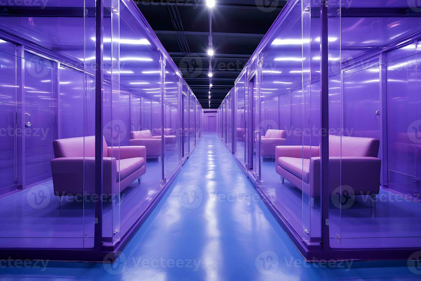 AI Generative. The interior is in deep purple. Sofas stand opposite each other in glass boxes along a long corridor. Horizontal photo