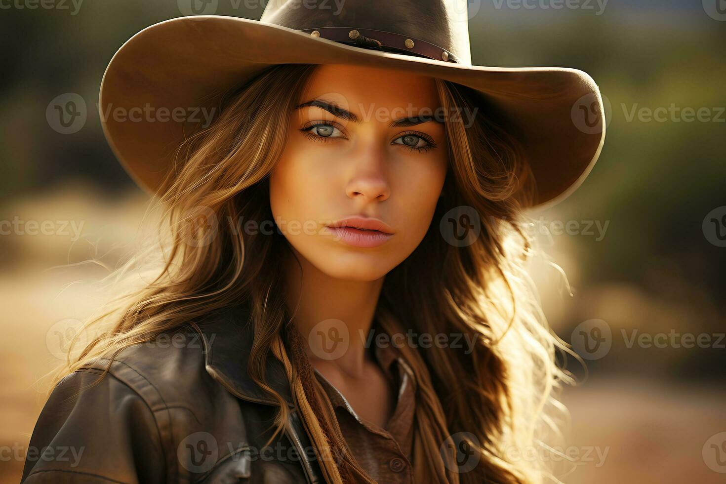 AI Generative. Young cowgirl woman in cowboy hat looking confidently at camera. Horizontal photo