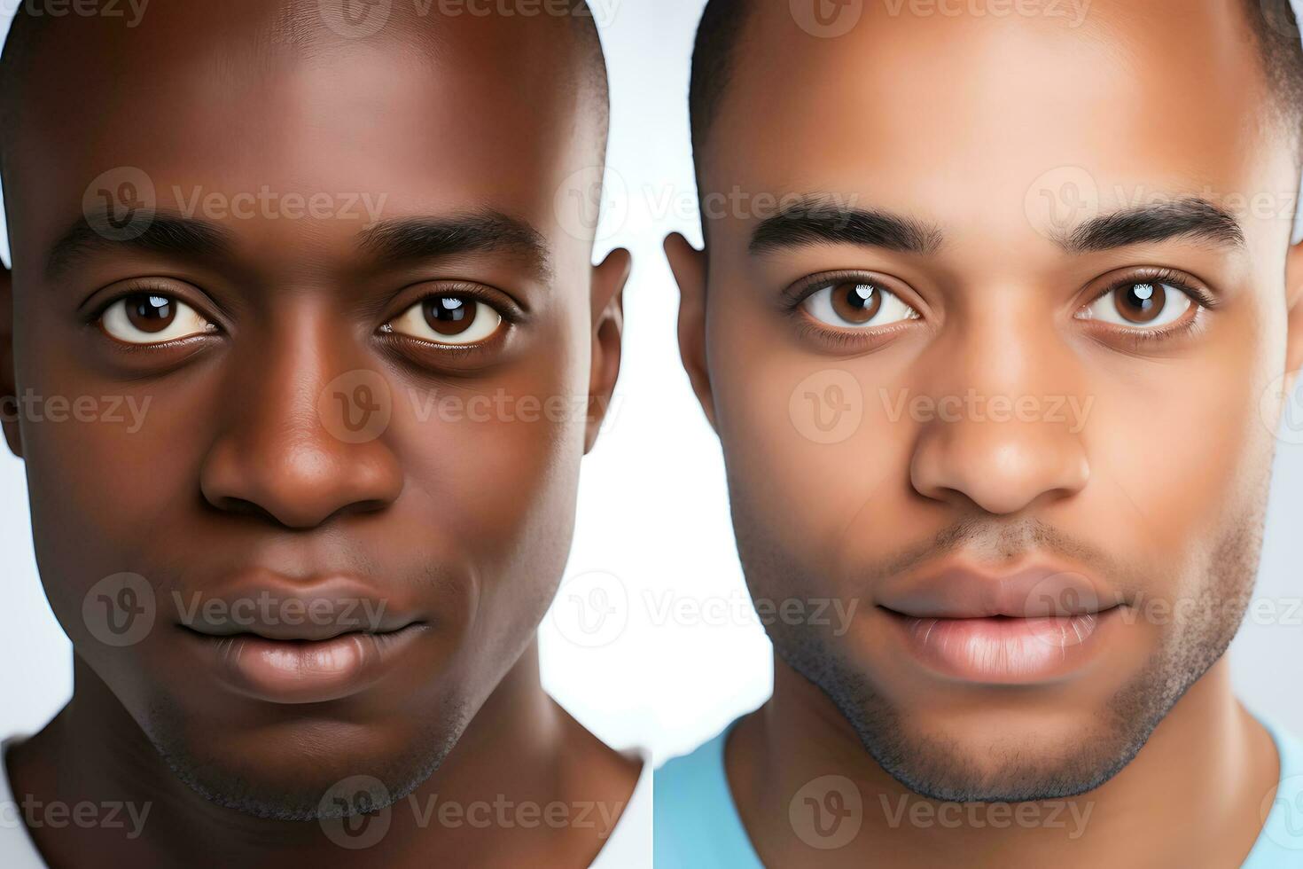 Two portraits in one photo. Mixed race man and African American man posing against a white background in t-shirts. AI Generative photo