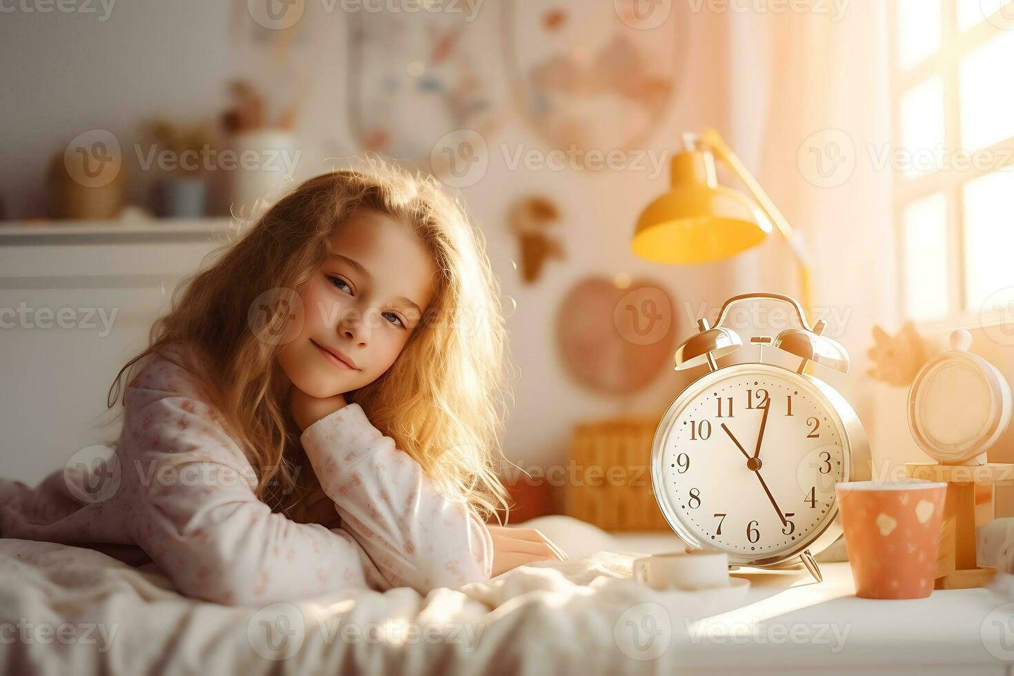 Waking up on a sunny morning, a child girl in pajamas lies on the bed, looks into the camera. There are clocks nearby. AI Generative photo