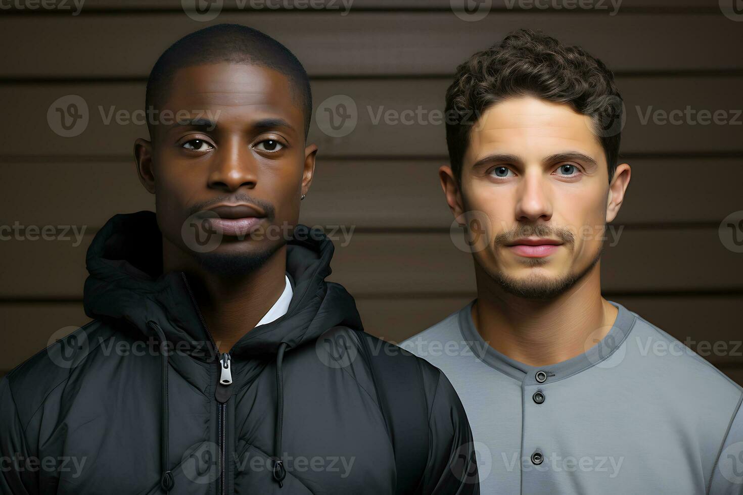 Two young men of Caucasian and African American appearance in sports jackets pose against a dark background. Young men look at the camera seriously. AI Generative photo