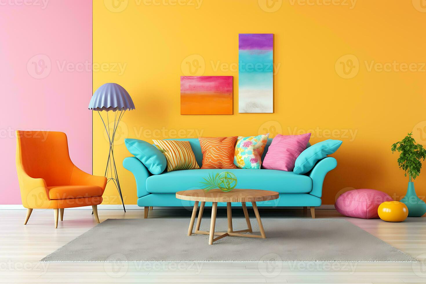 Bright multicolored modern living room interior with blue sofa, orange armchair and table. AI Generative photo