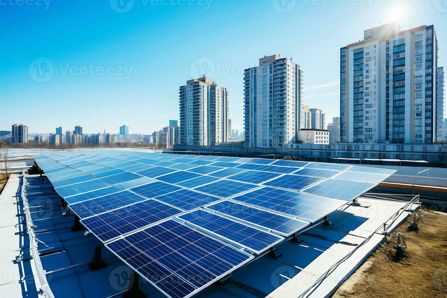 Solar Panel Installation with urban landscape landmarks, alternative electricity source, Sustainable Resources Concept. AI Generative photo