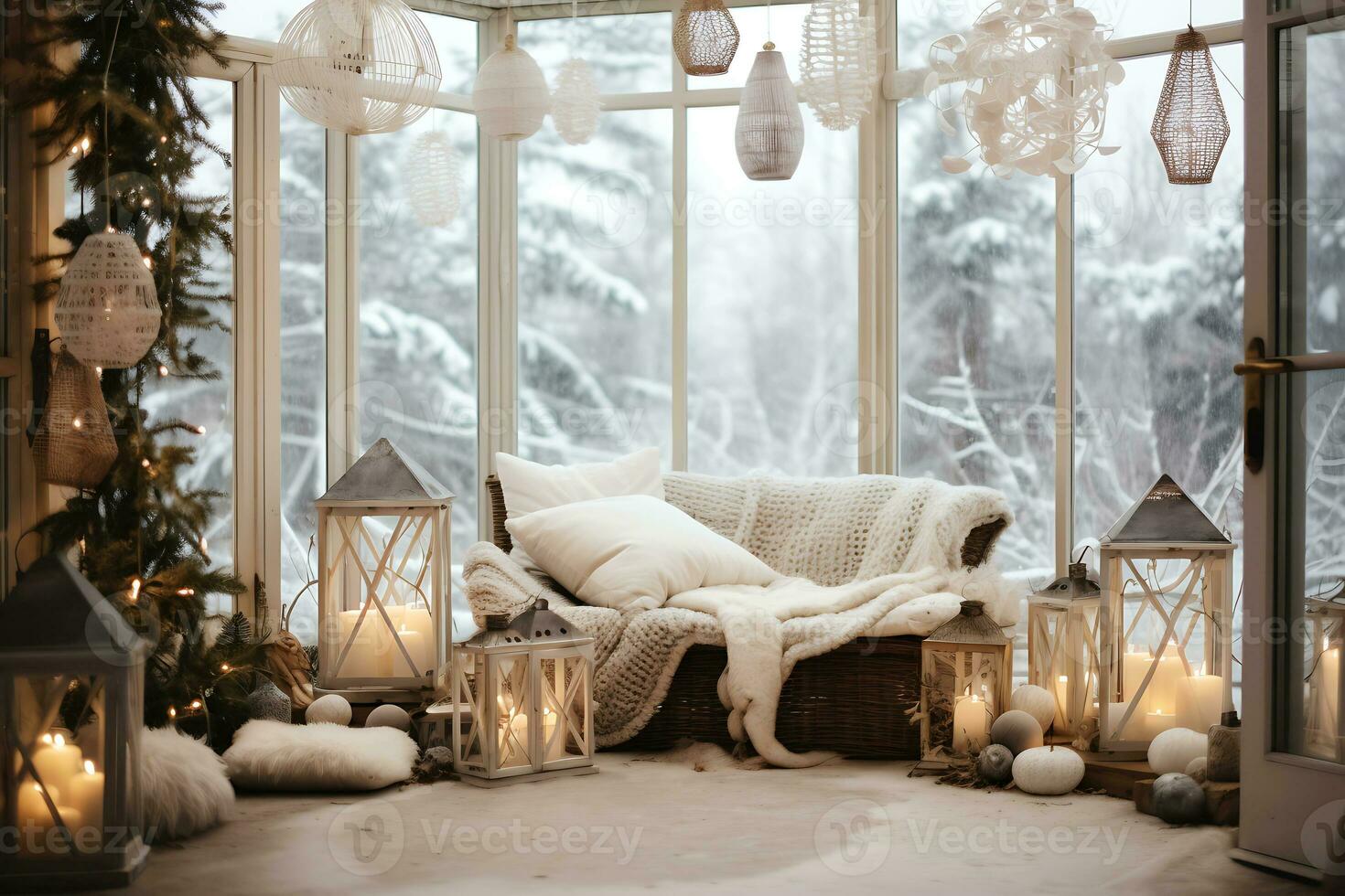 AI Generative. Winter garden with large windows where garlands hang and candles glow. Horizontal photo