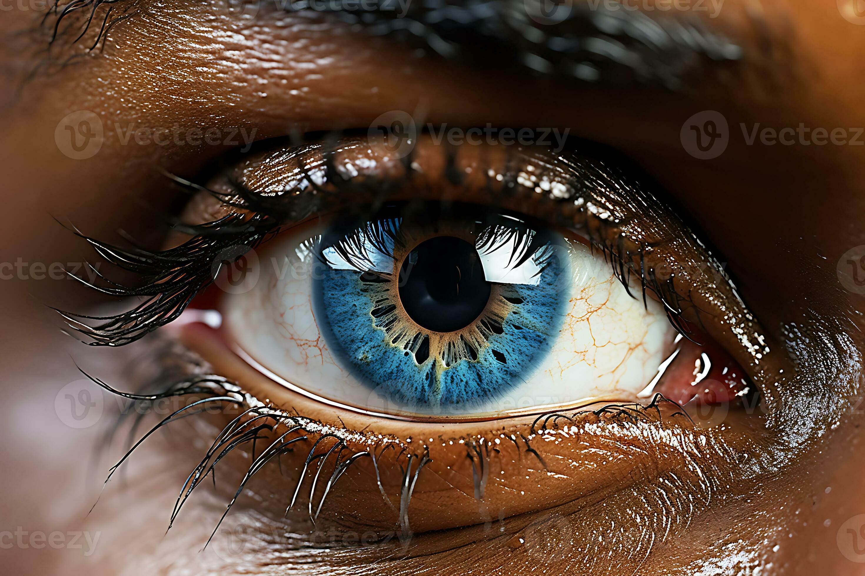 Close-up photo of an African American woman's eye after cosmetic  keratopigmentation with a femtosecond laser. Brown eyes changed to blue. AI  Generative. 32720250 Stock Photo at Vecteezy