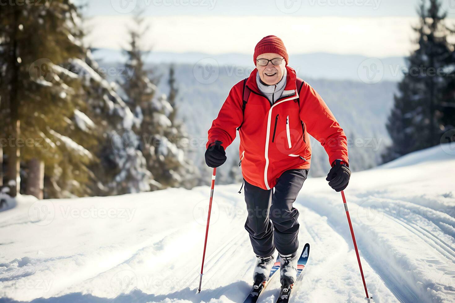 AI Generative. An elderly man in a red jacket is skiing on a snowy slope. Horizontal photo