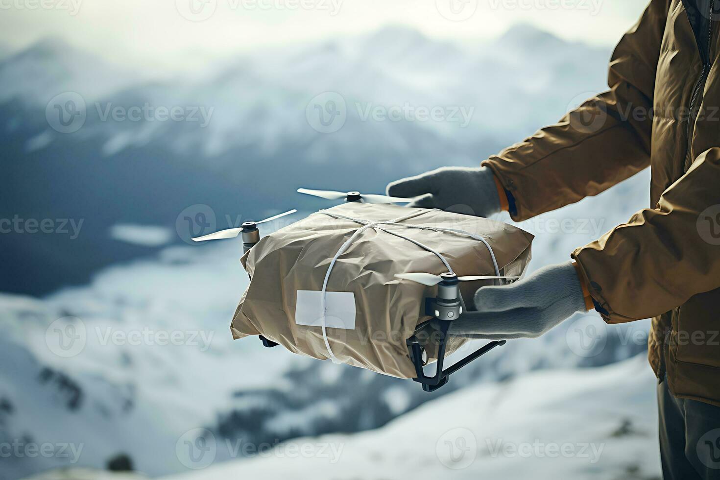 AI generative. A man holds in his hands a package delivered by a drone through the mountains in winter photo