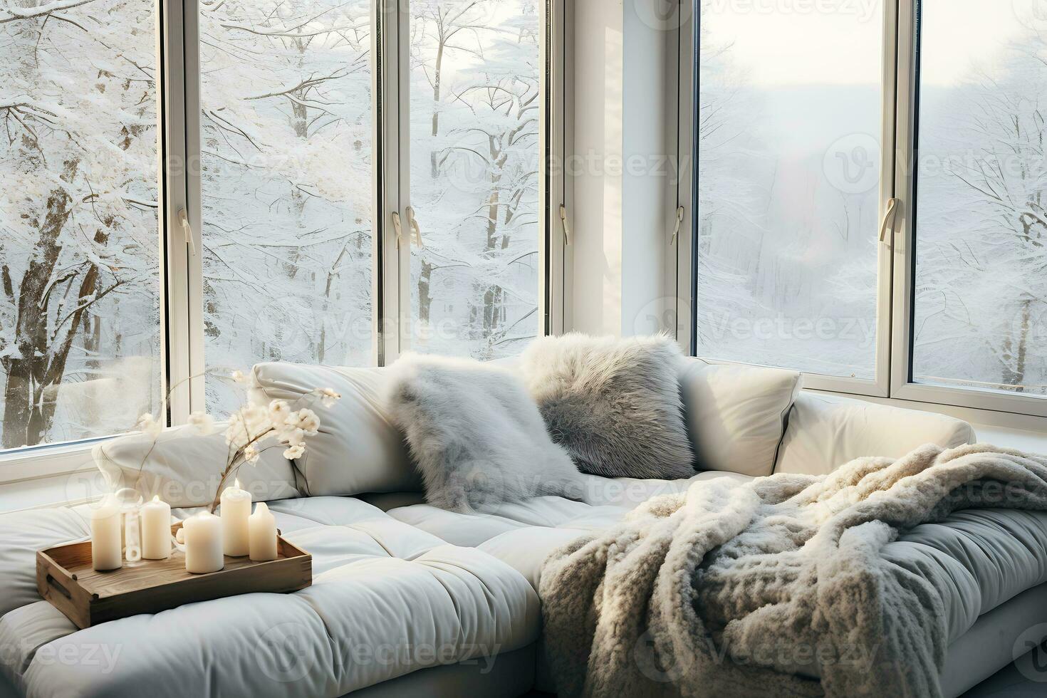 AI Generative. Cozy and stylish living room with a soft sofa decorated with a fluffy blanket and soft pillows. Horizontal photo