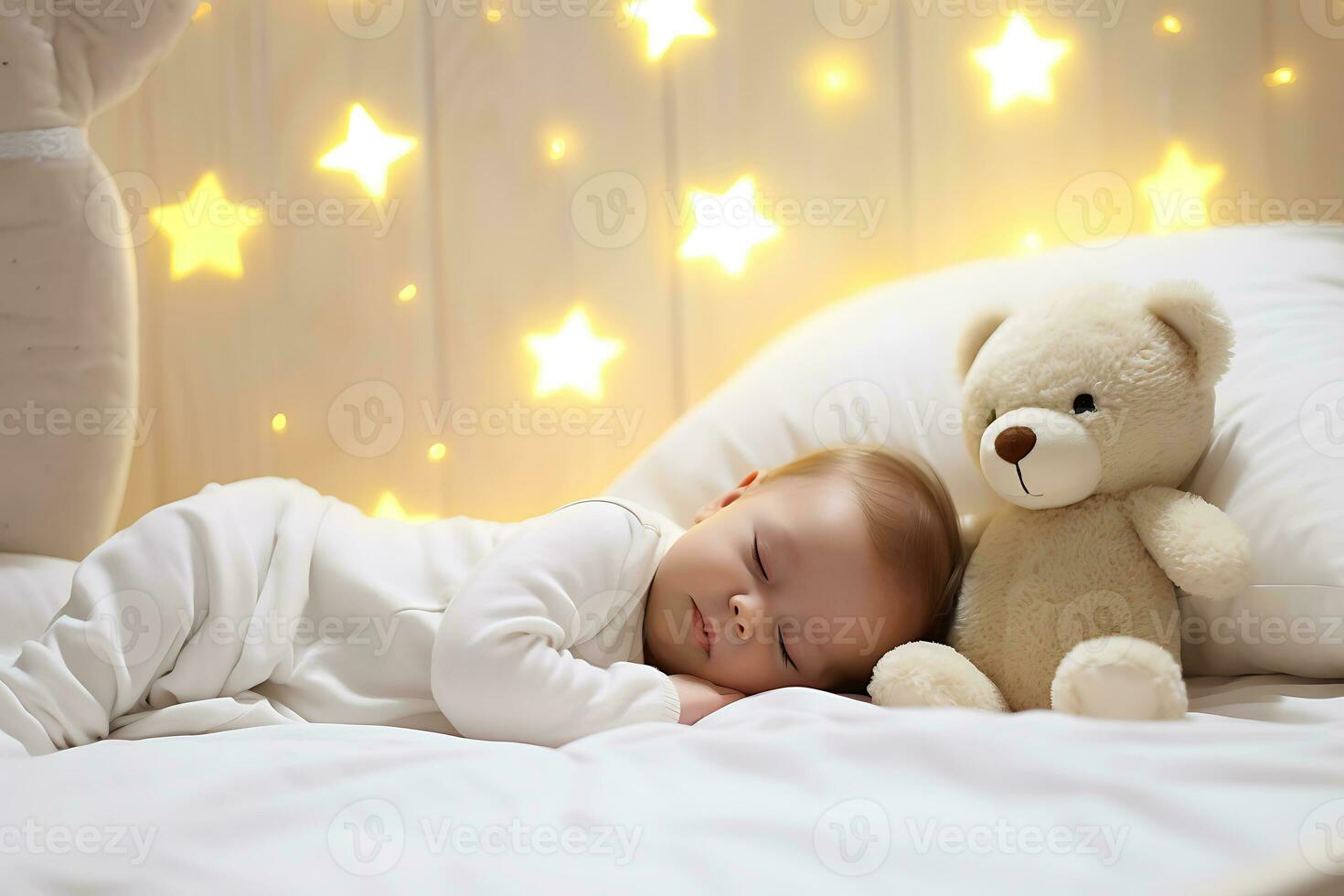 AI Generative. Portrait of a baby sleeping on a bed in white pajamas next to a toy bear. Horizontal photo