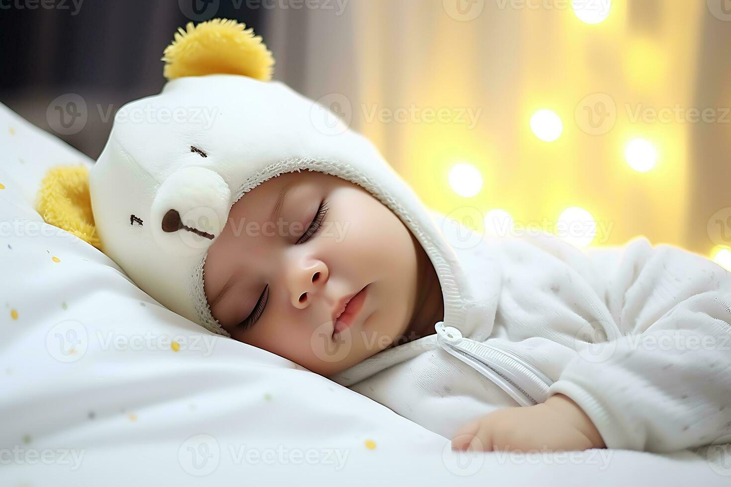 AI Generative. Portrait of a baby sleeping in his bed wearing a white onesie in the shape of a bear. Horizontal photo