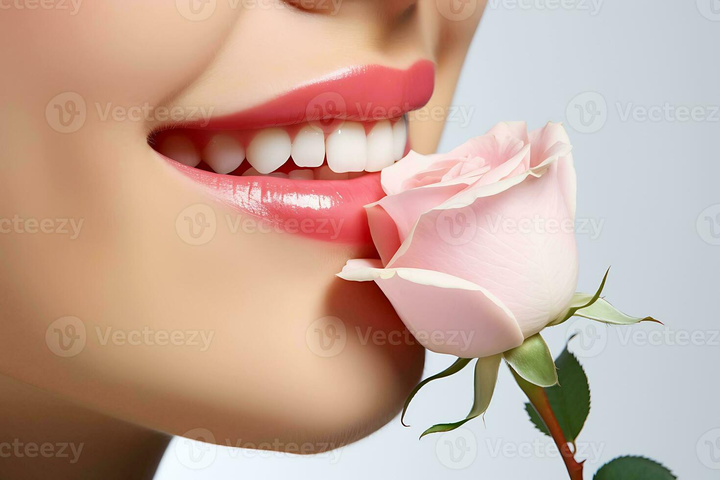 AI Generative. Cropped photo of woman mouth with perfect white bright smile and healthy teeth