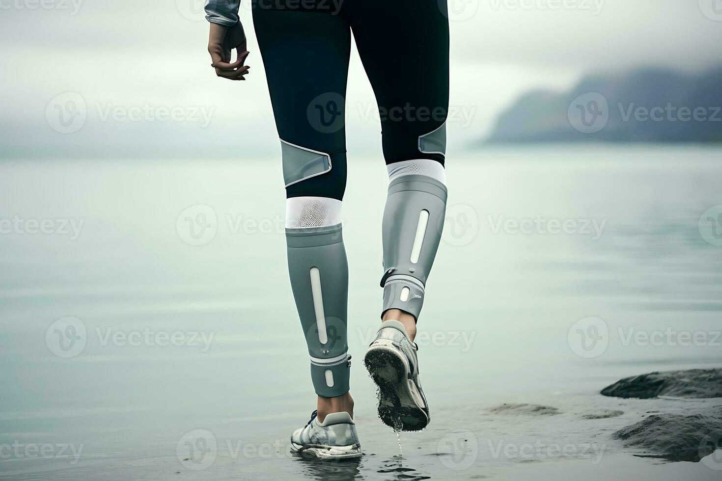 Prostheses on the legs of a young disabled woman. Woman posing against the backdrop of the sea in cloudy weather. Legs close up. AI Generative photo