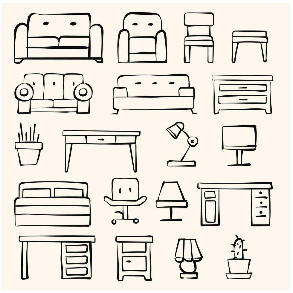 Hand drawn living room furniture icons. doodle and line art style vector