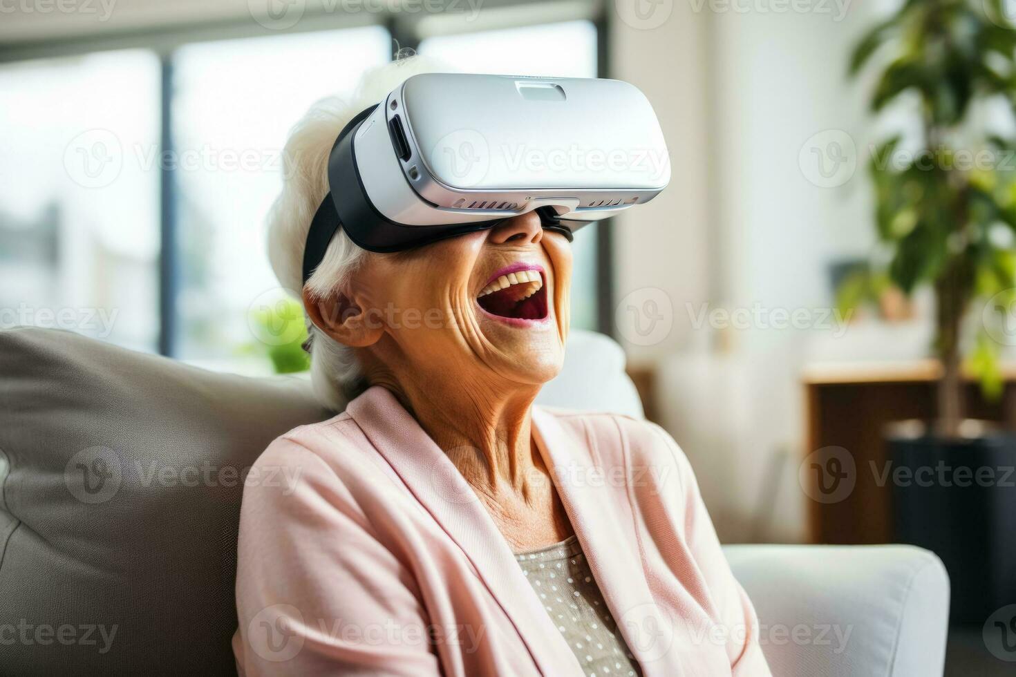 Seniors experiencing virtual reality headset background with empty space for text photo