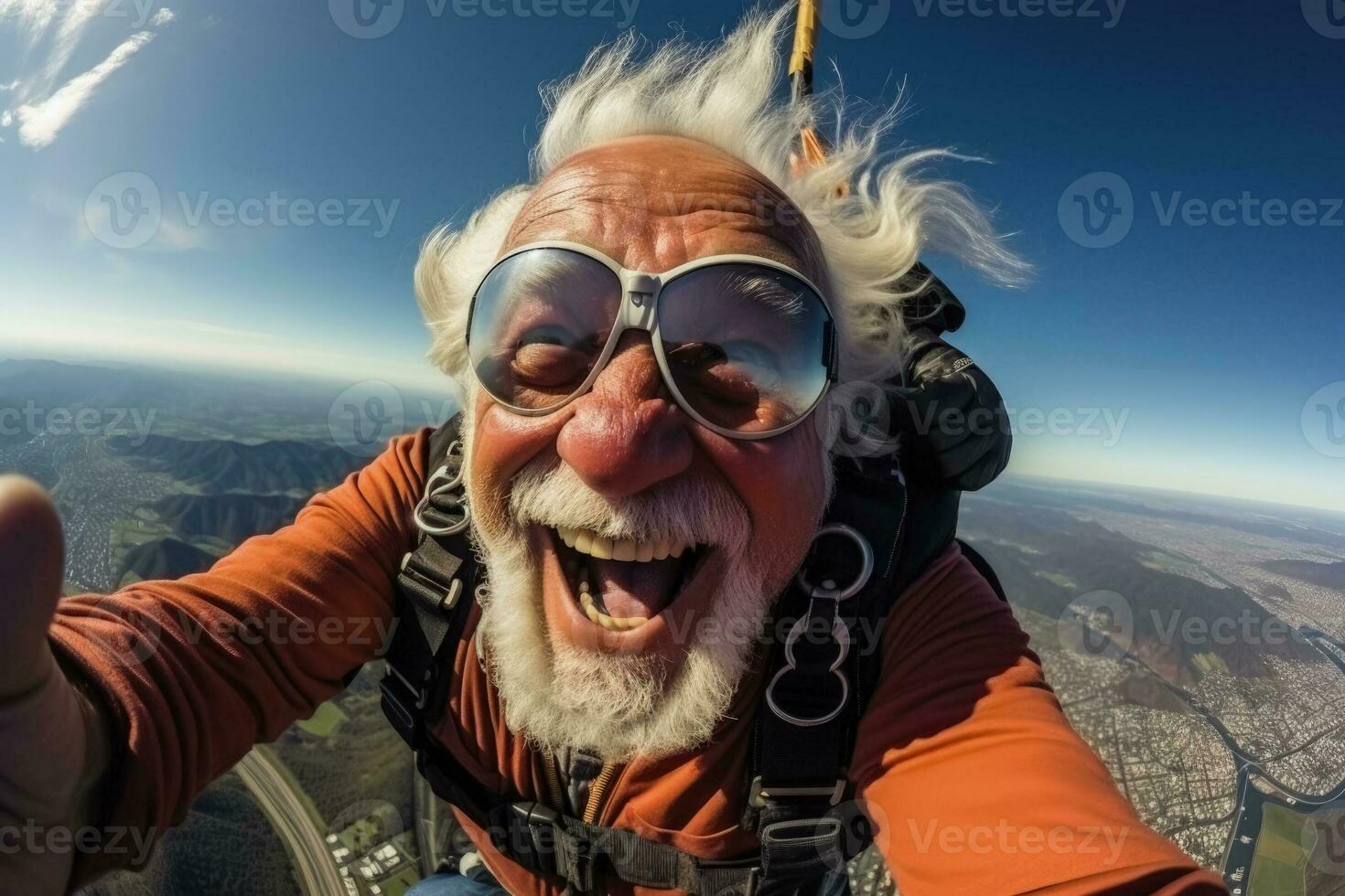 Seniors skydiving and enjoying extreme sports background with empty space for text photo