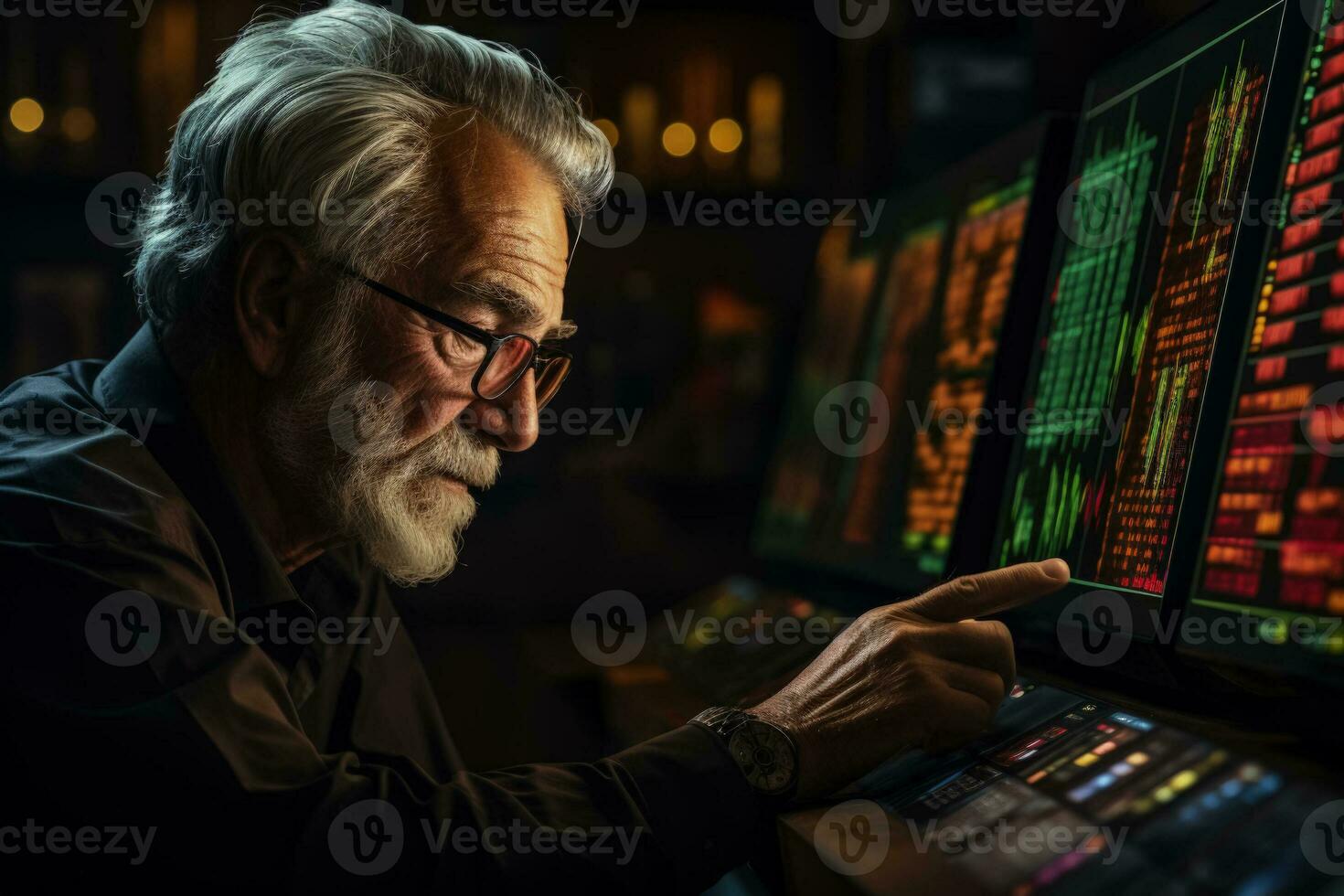 Senior trading cryptocurrency on digital platform background with empty space for text photo