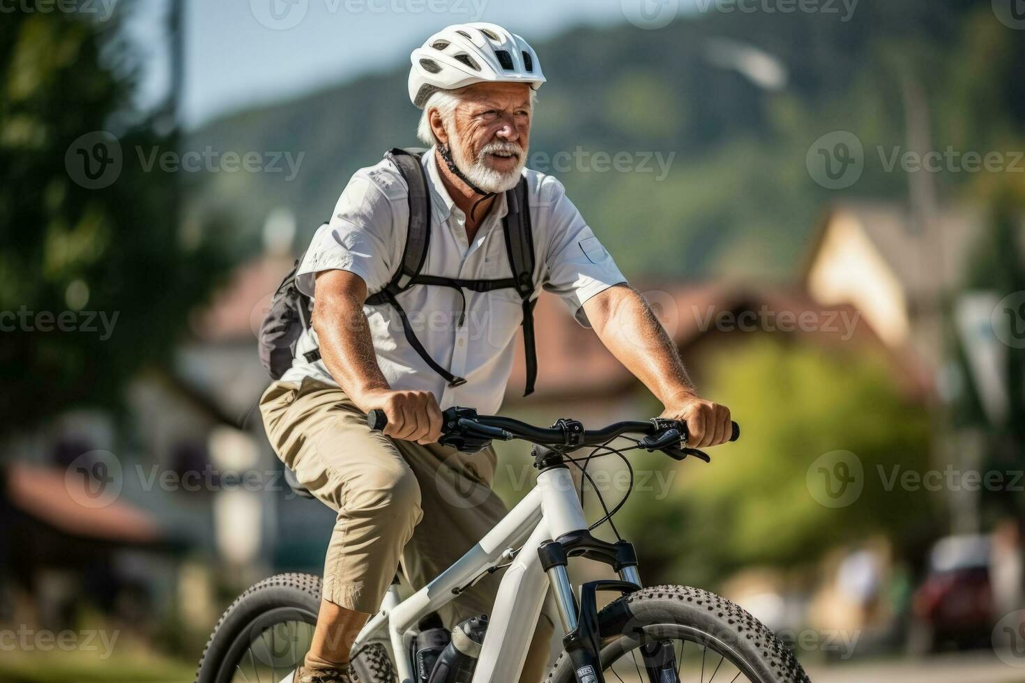 mayor montando eléctrico bicicletas en parque antecedentes con vacío espacio para texto foto