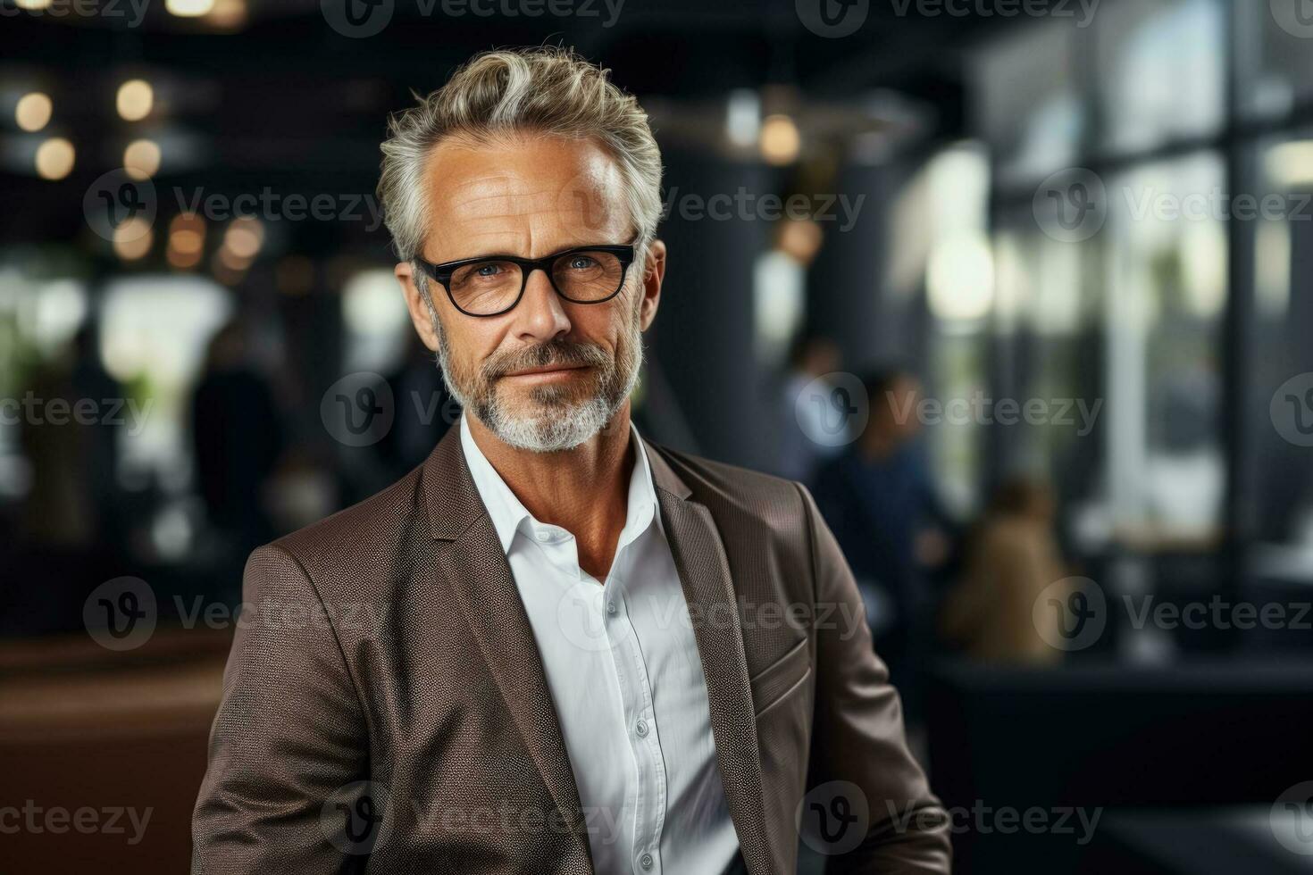 Senior entrepreneur strategizing in modern office background with empty space for text photo