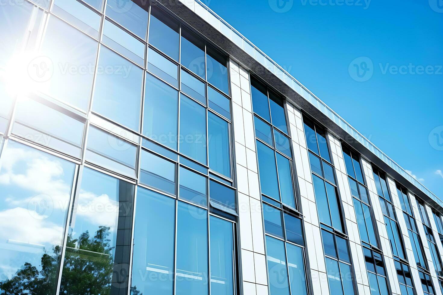 Building facade with solar windows or transparent solar panels as windows. AI Generative photo