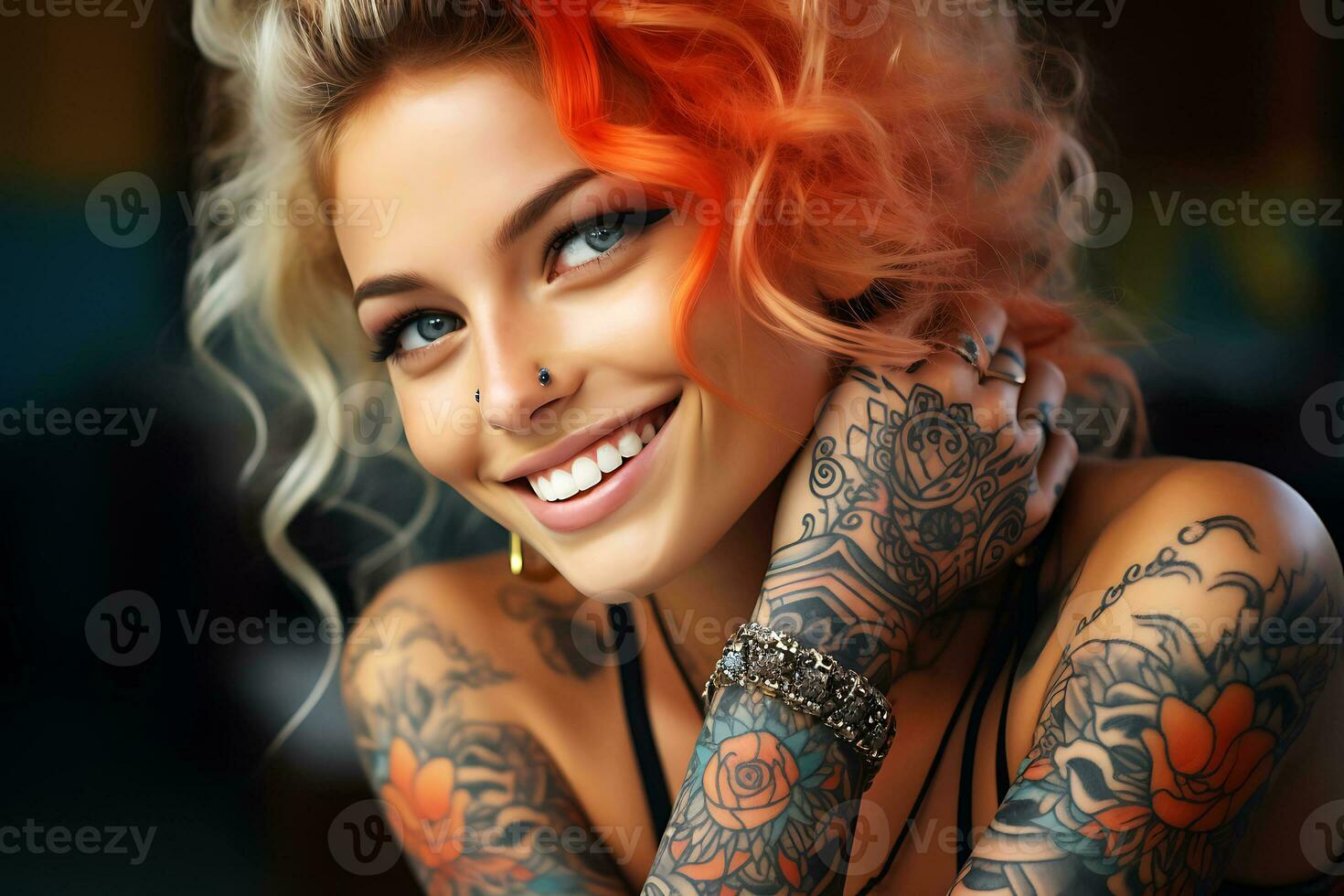 AI Generative. Healthy teeth and a beautiful wide smile of a young blonde woman with tattoos on her face and body photo