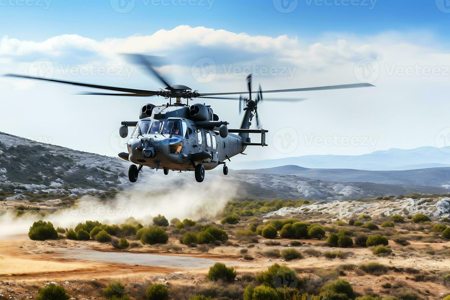 AI generative. Military helicopter lands on hilly terrain photo