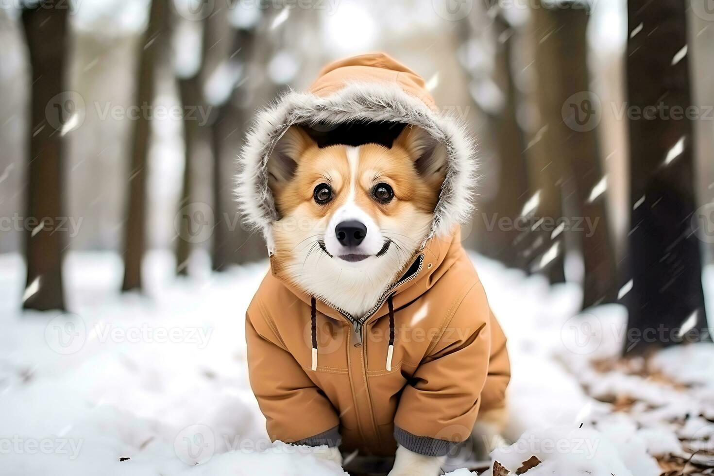 AI Generative. Corgi in an orange winter jacket sits in the snow against the backdrop of a winter park photo
