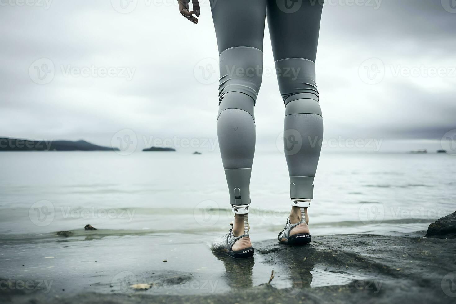 Prostheses on the legs of a young disabled woman. Woman posing against the backdrop of the sea in cloudy weather. Legs close up. AI Generative photo