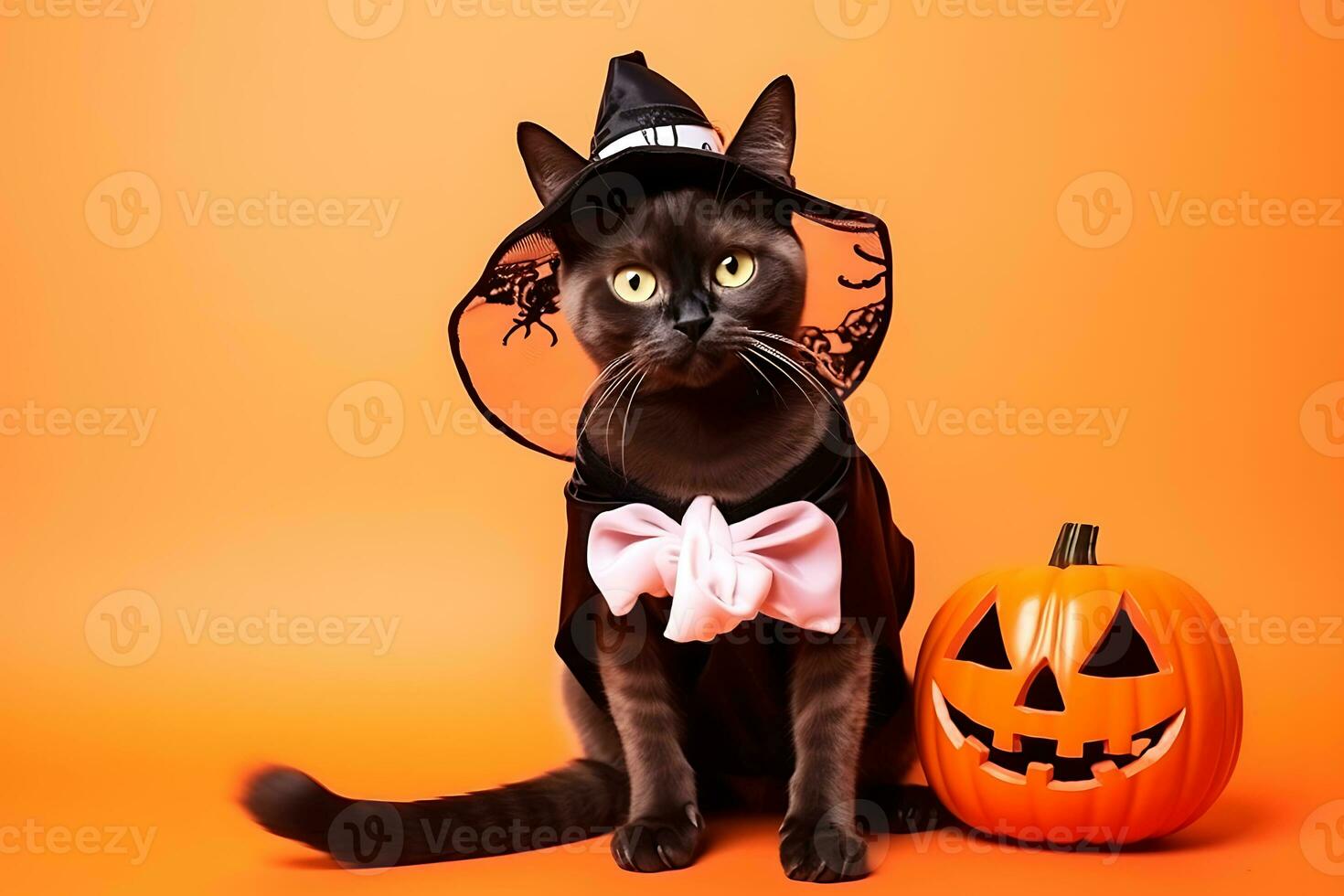 A black cat in a witch's hat and cape poses on an orange background next to a pumpkin. AI Generative photo