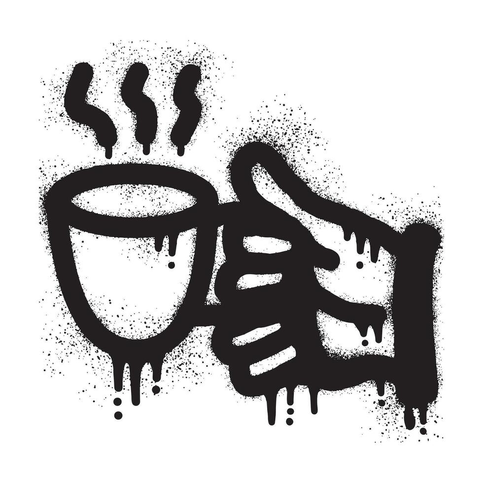 Graffiti of a hand holding coffee cup with black spray paint vector