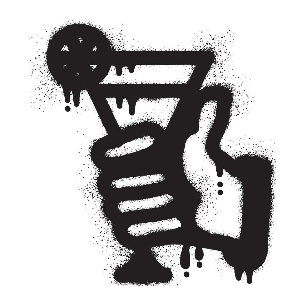Graffiti of a hand holding cocktail glass with black spray paint vector