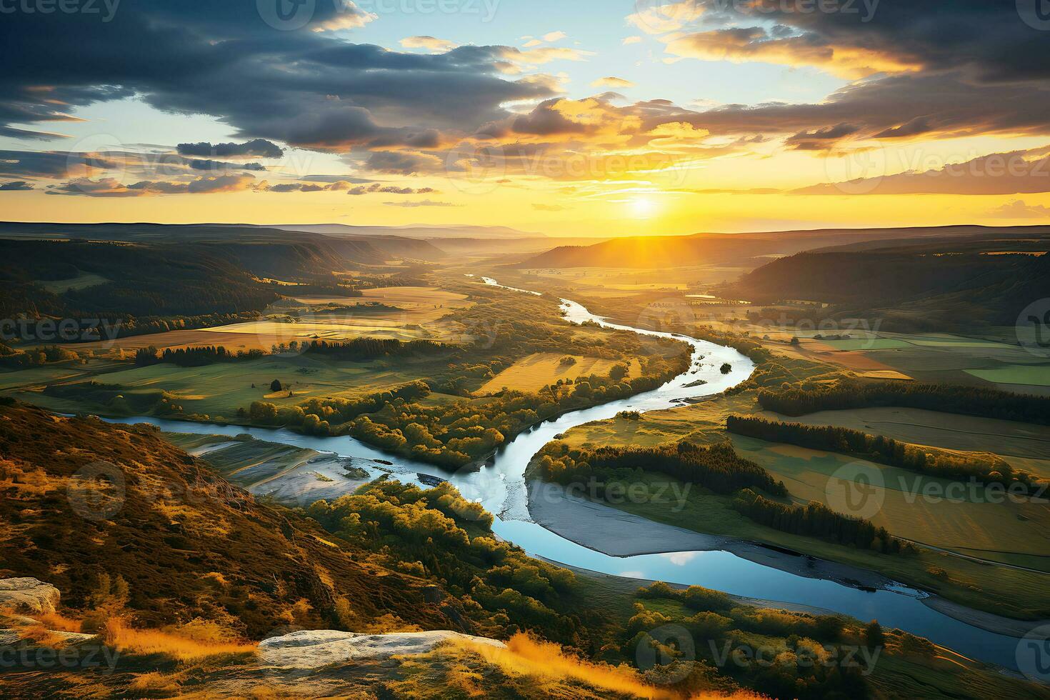 A drone view of the valley where the river flows between picturesque meadows. The sun sets over the horizont. AI Generative photo