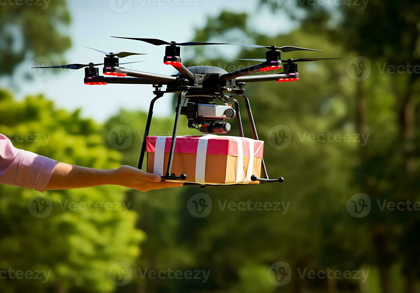 AI generative. A drone delivers food in a cardboard box to a picnic. photo