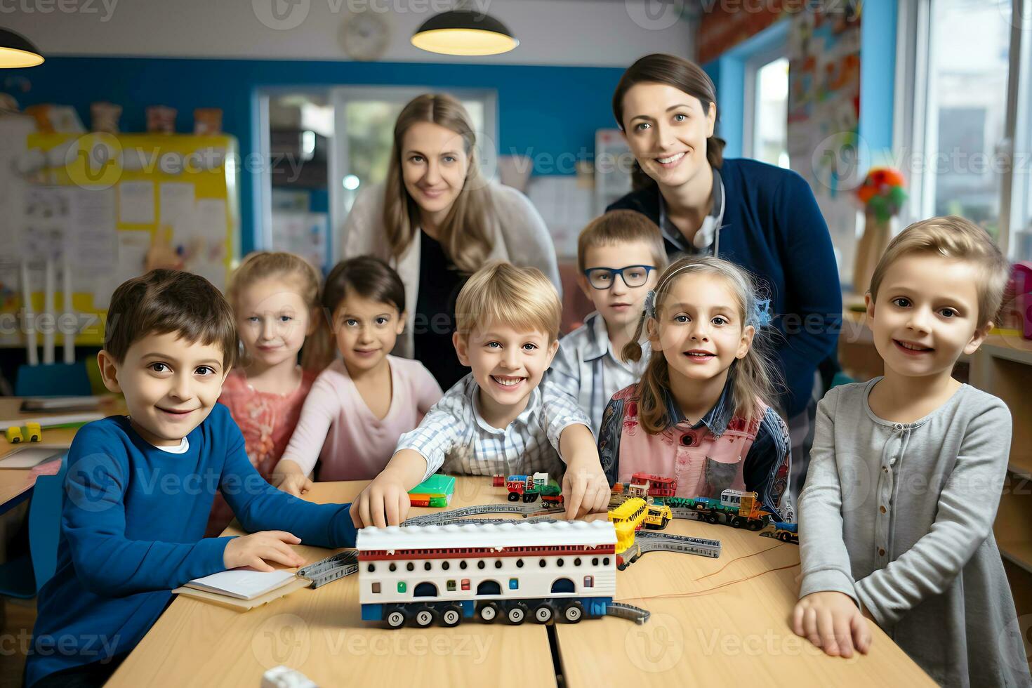 AI Generative. Children and kindergarten teacher look at the camera and smile. Horizontal photo