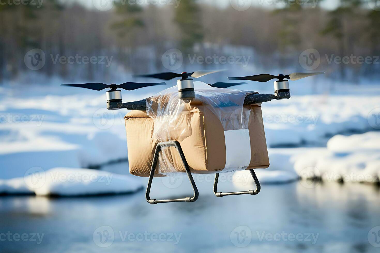AI generative. A drone delivers an order, medicine or gift by flying over a river covered in places with ice. photo