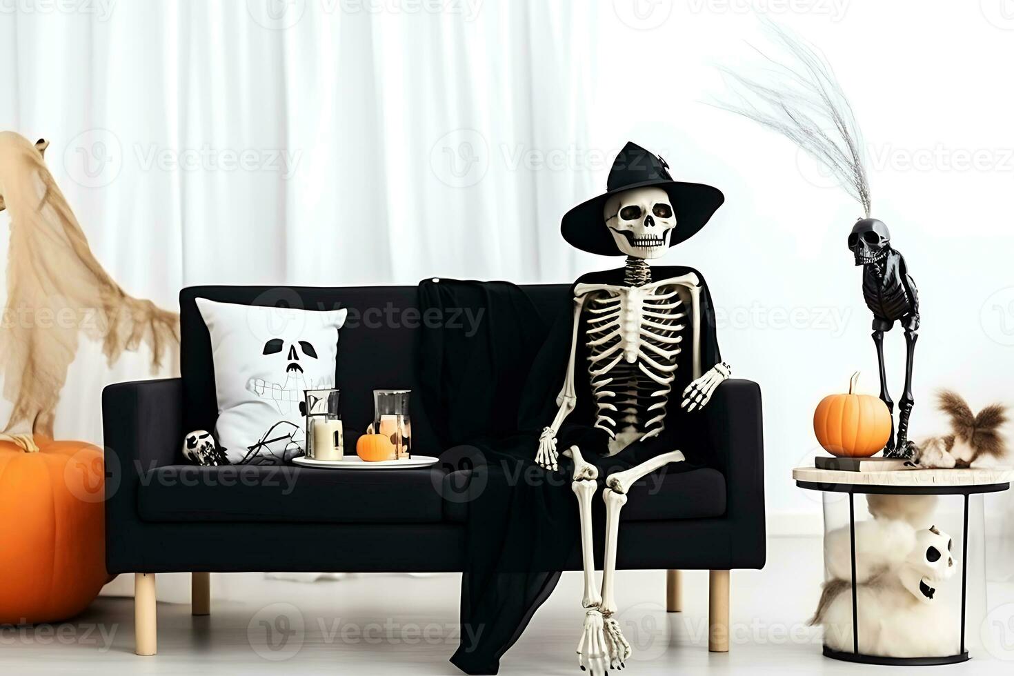 Halloween decoration room interior. A human-sized skeleton sits on a sofa in a cape and hat. AI Generative photo