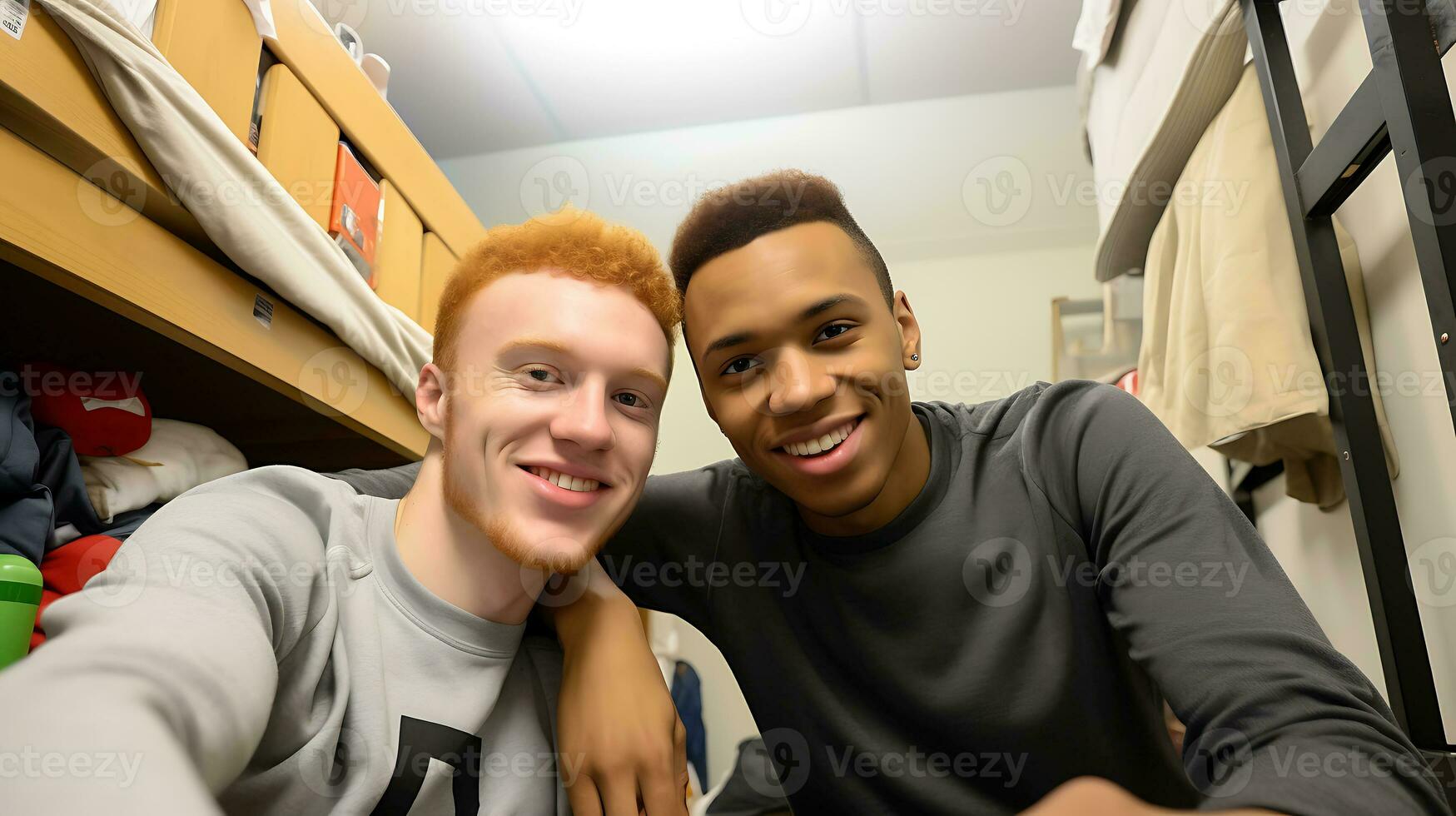 dos estudiante Niños tomar un selfie en un estudiante residencia universitaria habitación. chicos sonriente y mirando a el cámara. ai generativo foto