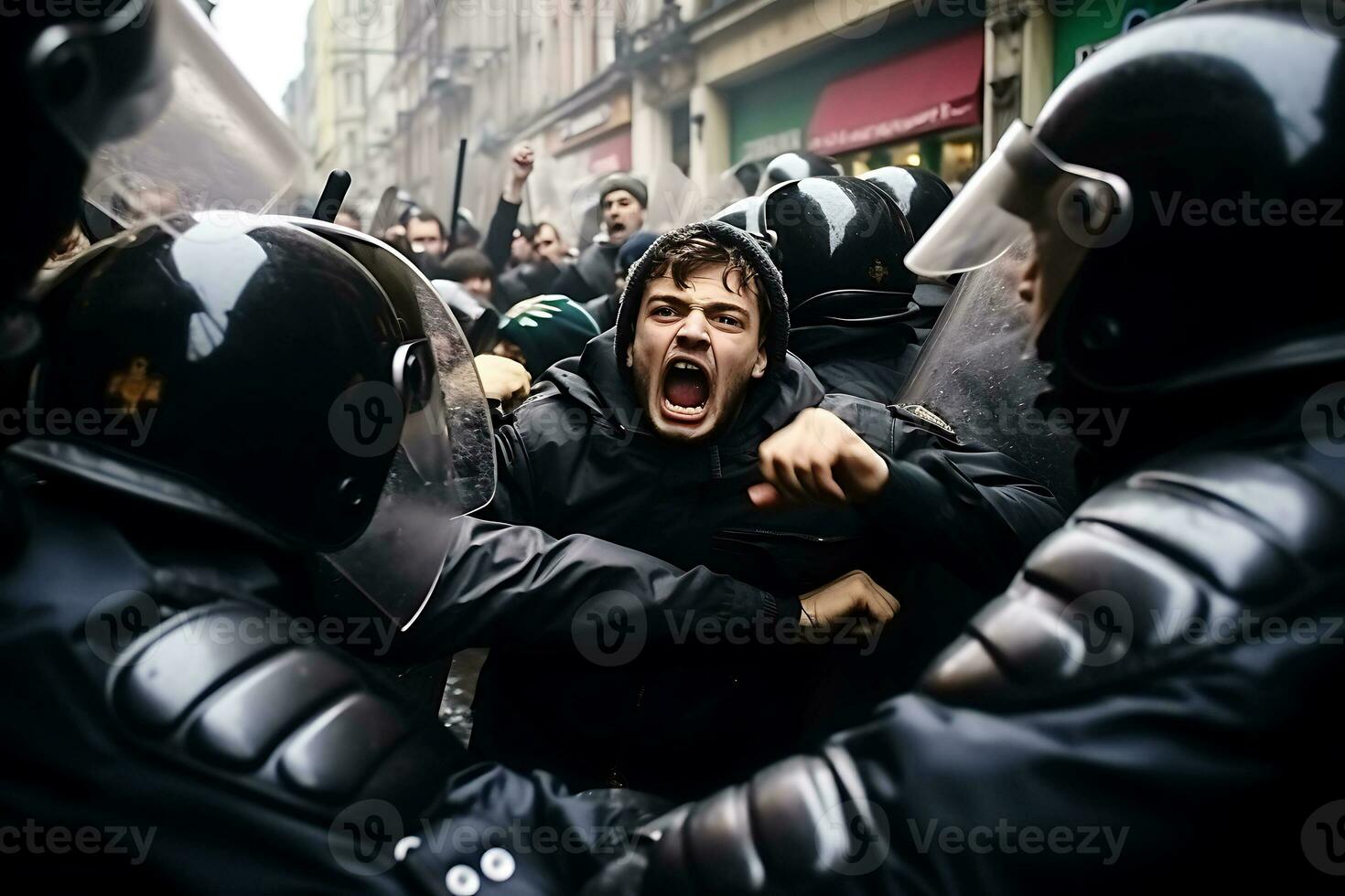 ai generativo. masa protestas y disturbios en el ciudad centro. policía detener manifestantes foto