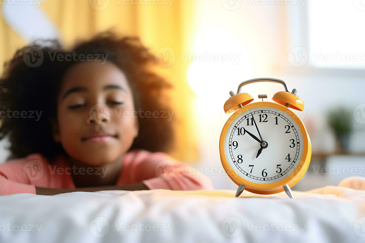 Sleepy African American girl in her bed early in the morning, the alarm clock shows the time to wake up. AI Generative photo