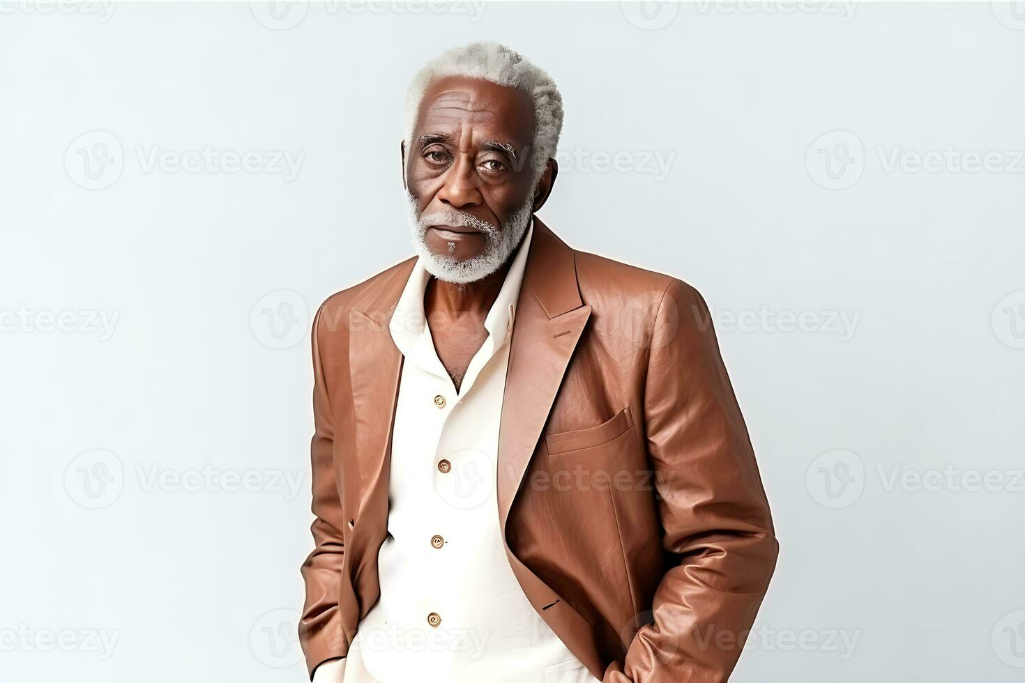 Handsome elderly African American man in brown jacket and light shirt posing on white background. AI Generative photo