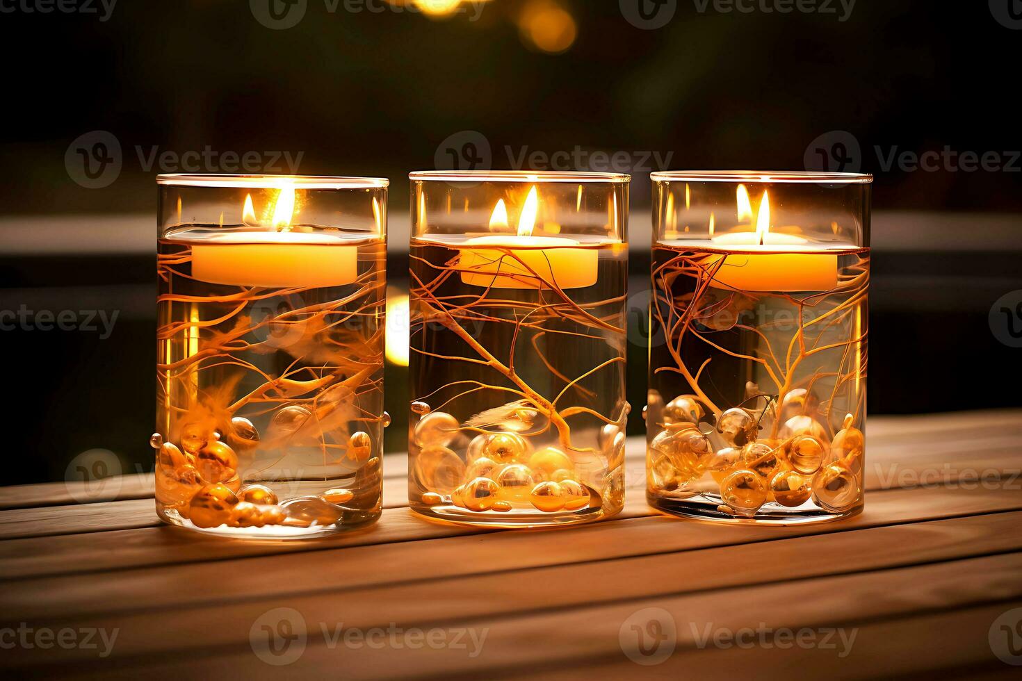 Three burning candles float in rectangular glasses with golden-colored decor.. AI Generative photo