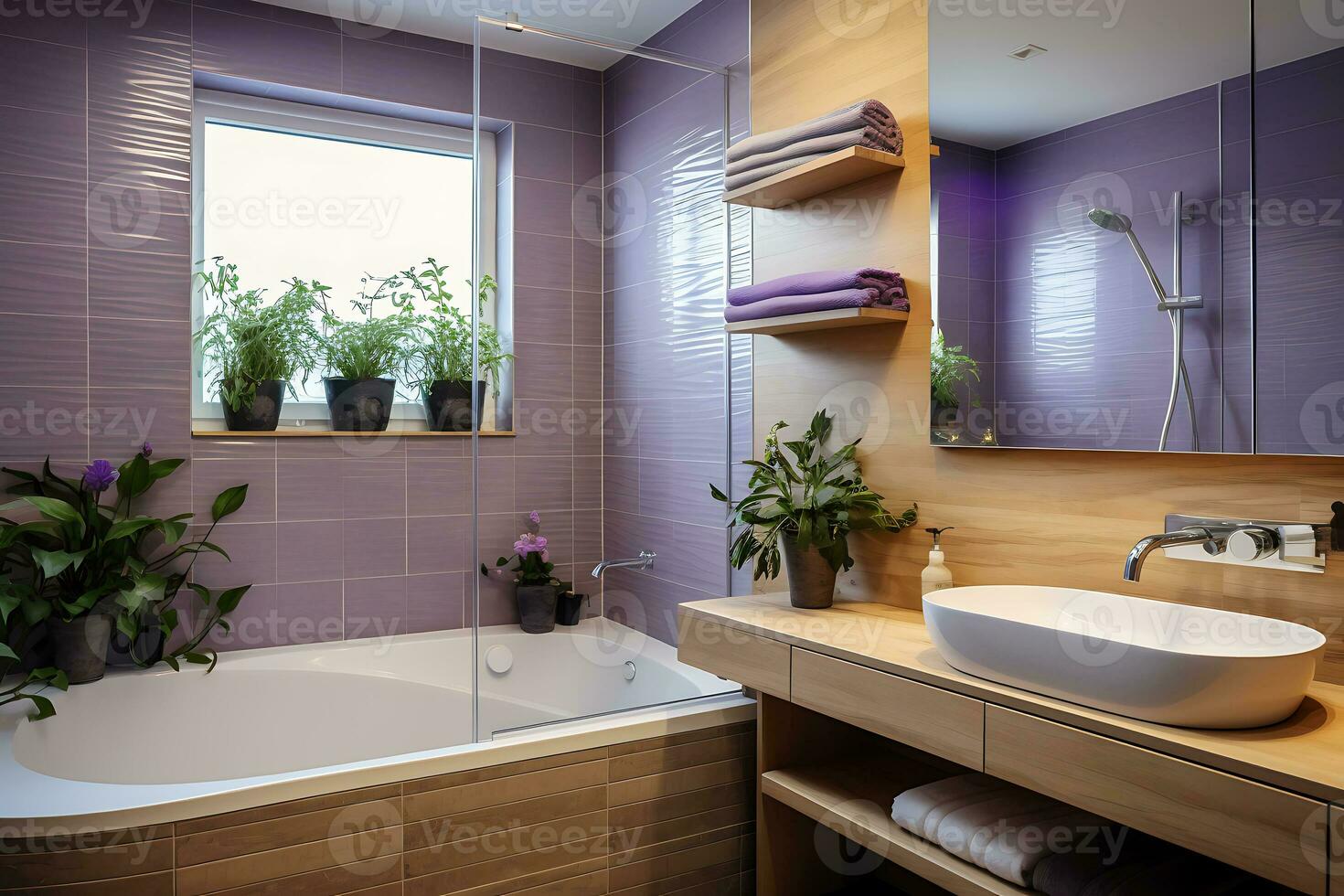 Minimalist bathroom design. The bathroom is lined with purple tiles. The room has a wooden cabinet, a mirror and a bathtub. AI Generative photo