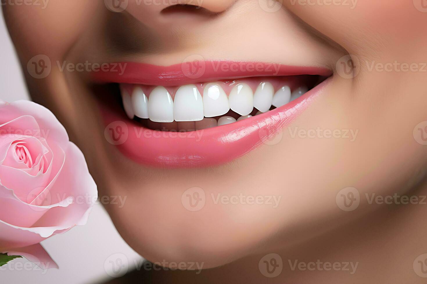 AI Generative. Cropped photo of woman mouth with perfect white bright smile and healthy teeth