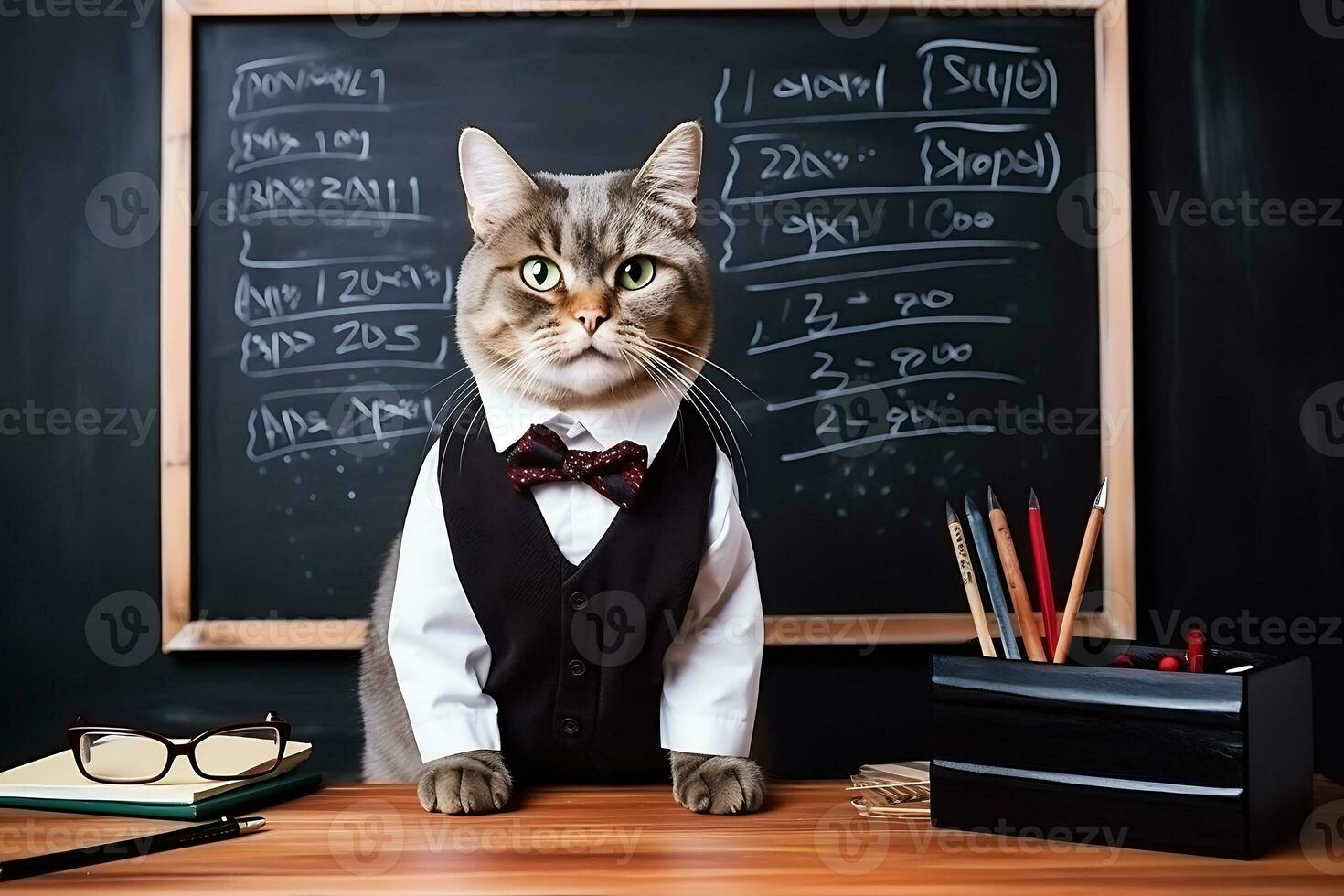 The cat teacher in a white shirt and vest poses against the background of a dark school board and a desk. AI Generative photo