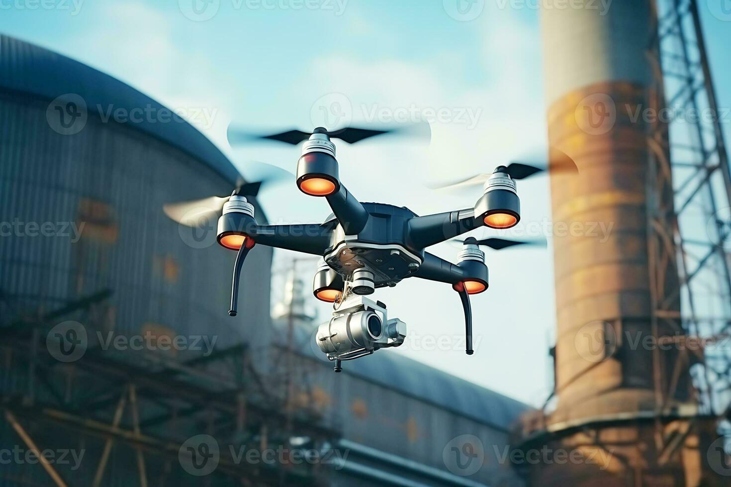The drone flies around the factory, inspects work and looks for malfunctions. AI Generative photo